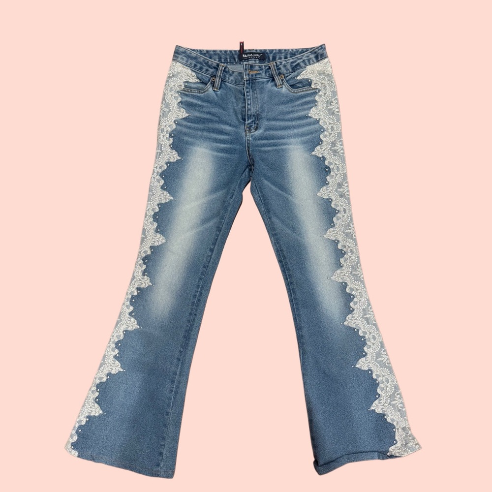 Rare Japanese Blue Wide Leg Jeans with Floral Side Embroidery